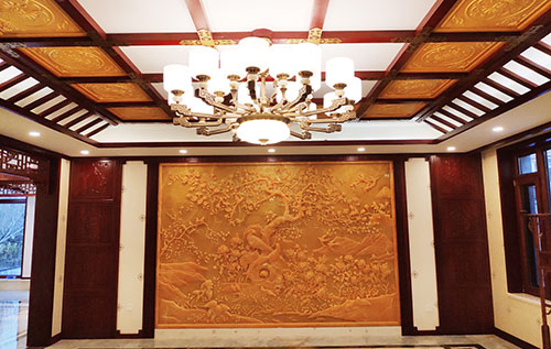 剑河中式别墅客厅中式木作横梁吊顶装饰展示